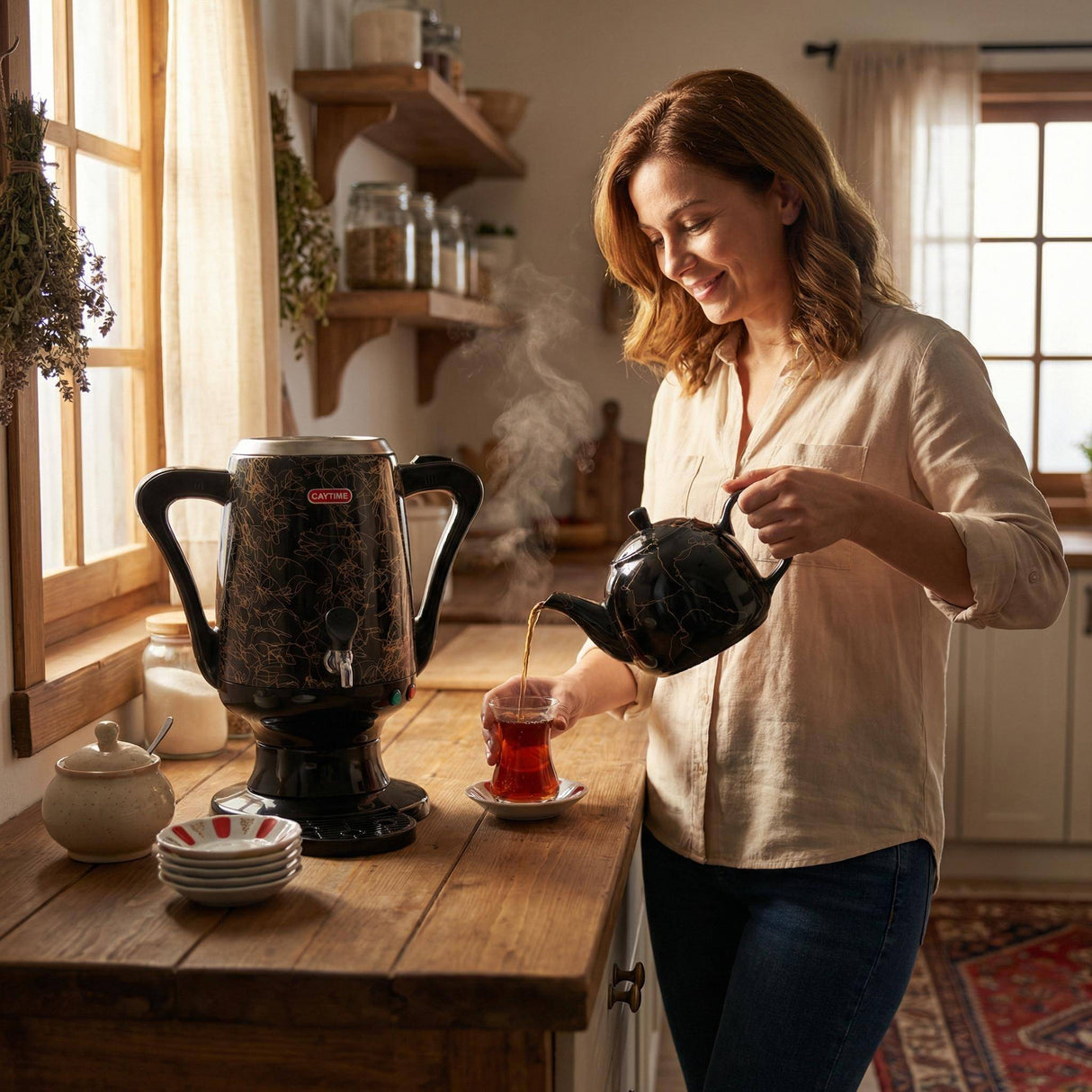 Samowar 3,5 L Semaver Edelstahl Teekocher Teemaschine schwarze Keramikkanne Elektrisch im modernen Design Caytime - CPGASTRO