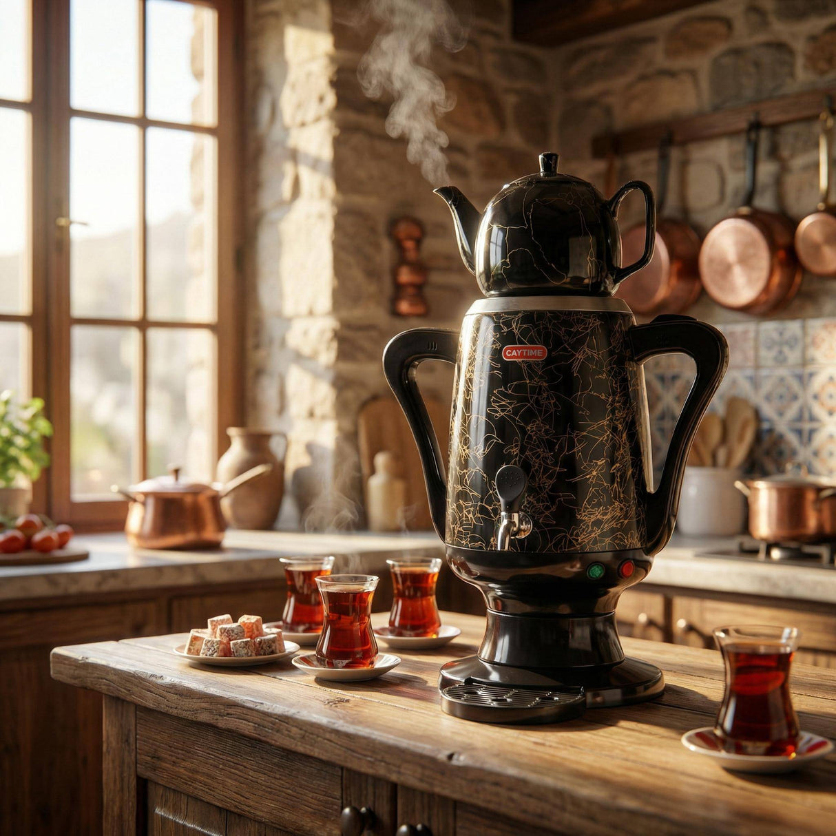 Samowar 3,5 L Semaver Edelstahl Teekocher Teemaschine schwarze Keramikkanne Elektrisch im modernen Design Caytime - CPGASTRO