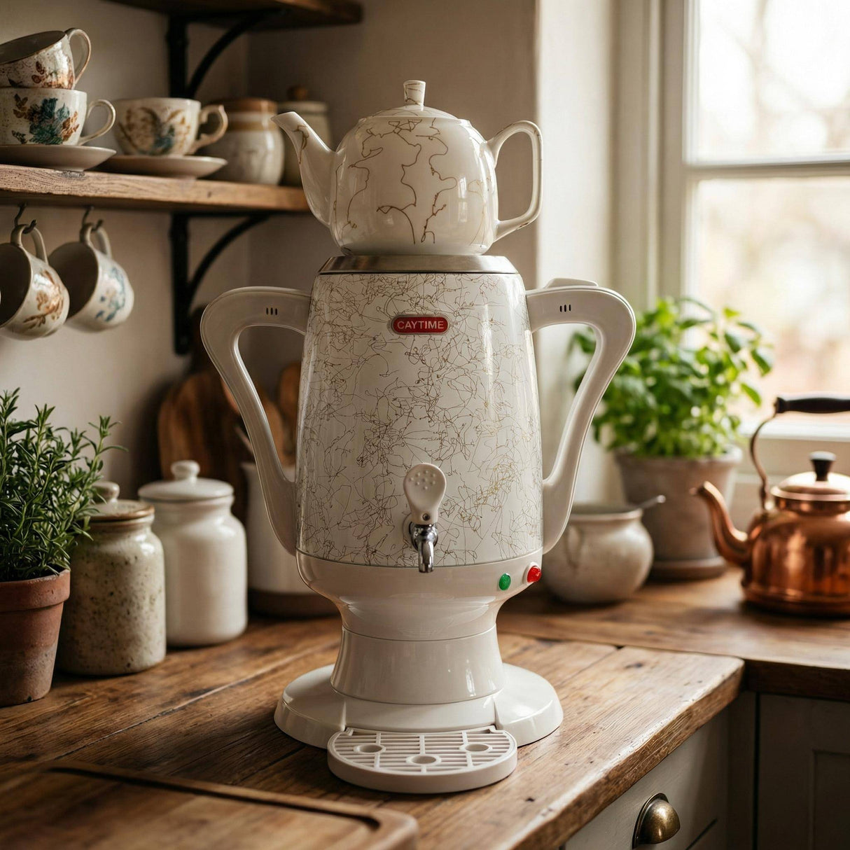 Samowar 3,5 L Semaver Edelstahl Teekocher Teemaschine weiße Keramikkanne Elektrisch im modernen Design Caytime - CPGASTRO