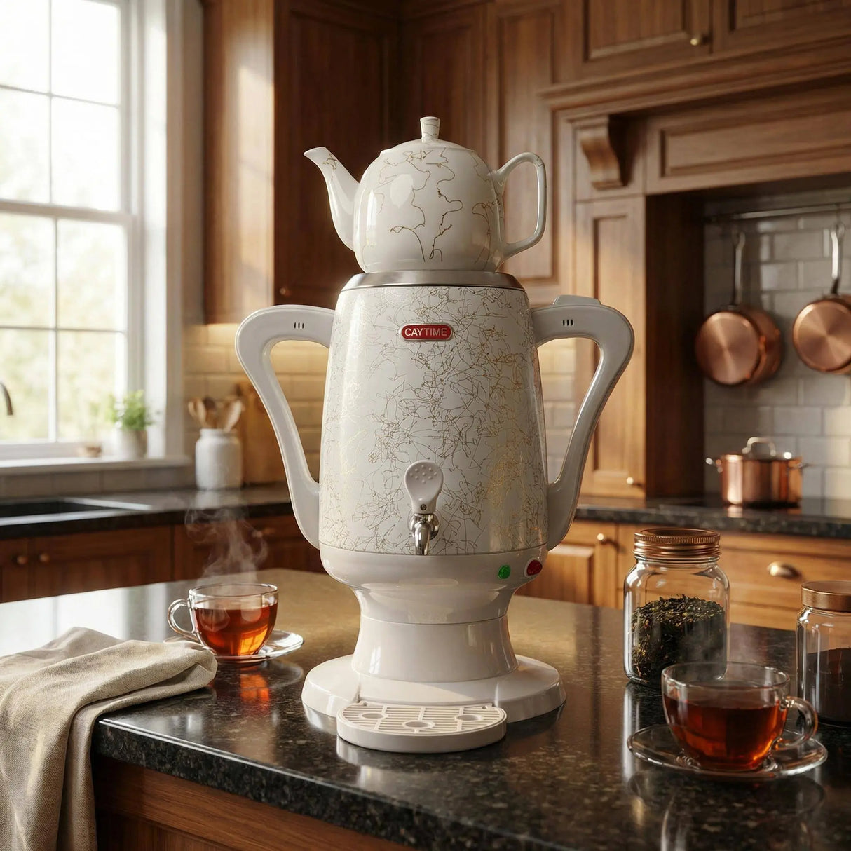 Samowar 3,5 L Semaver Edelstahl Teekocher Teemaschine weiße Keramikkanne Elektrisch im modernen Design Caytime - CPGASTRO