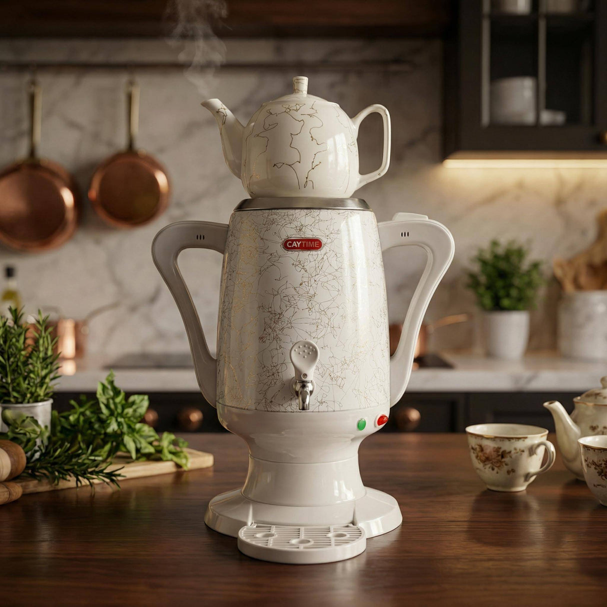 Samowar 3,5 L Semaver Edelstahl Teekocher Teemaschine weiße Keramikkanne Elektrisch im modernen Design Caytime - CPGASTRO