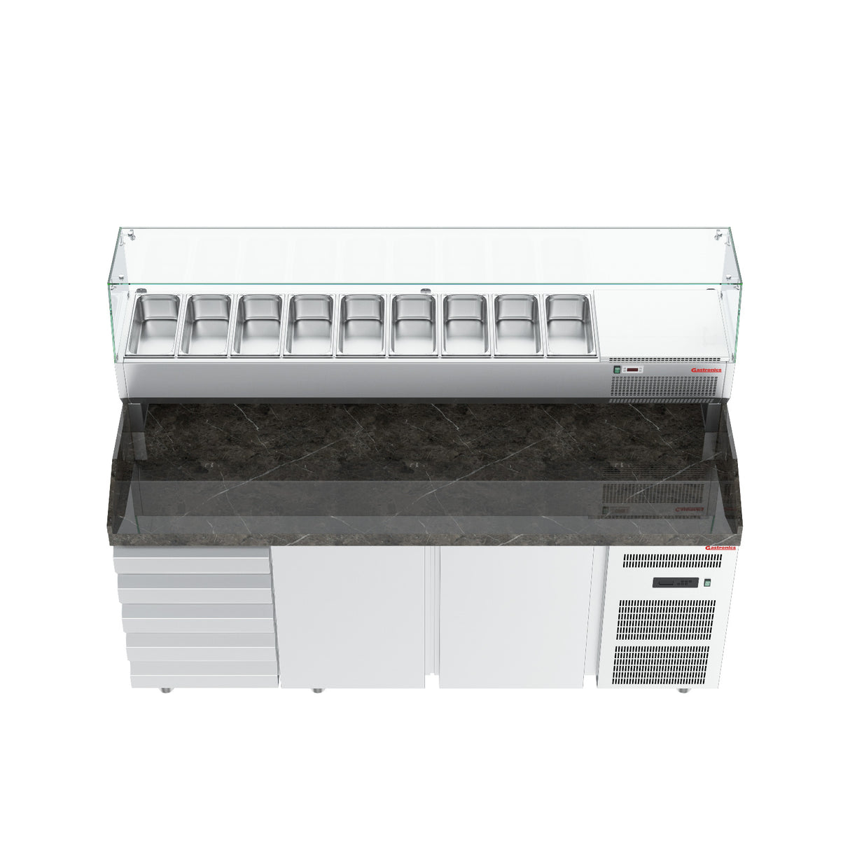 Gastronics Pizzakühltisch Premium – Hochwertige Kühltheke mit schwarzem Compact im Marmor-Design, Fischgrätenverkleidung, LED-Beleuchtung mit 207 x 80 x 145 cm Gastronics - CPGASTRO