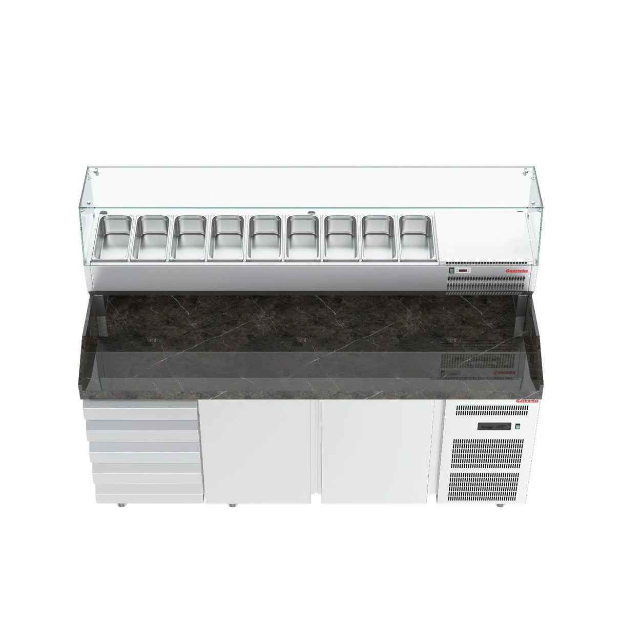 Gastronics Pizzakühltisch Premium – Hochwertige Kühltheke mit schwarzem Compact im Marmor-Design, Fischgrätenverkleidung, LED-Beleuchtung mit 207 x 80 x 145 cm Gastronics - CPGASTRO