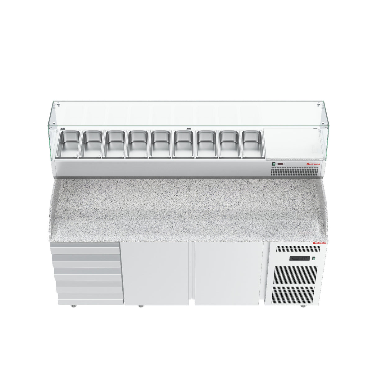 Gastronics Pizzakühltisch Premium – Hochwertige Kühltheke mit grauem Granit, Fischgrätenverkleidung, LED-Beleuchtung 207 x 80 x 145 cm Gastronics - CPGASTRO