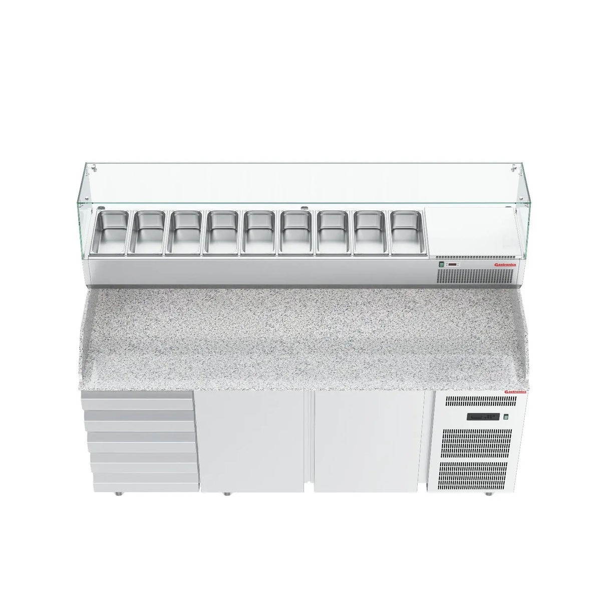 Gastronics Pizzakühltisch Premium – Hochwertige Kühltheke mit grauem Granit, Fischgrätenverkleidung, LED-Beleuchtung 207 x 80 x 145 cm Gastronics - CPGASTRO