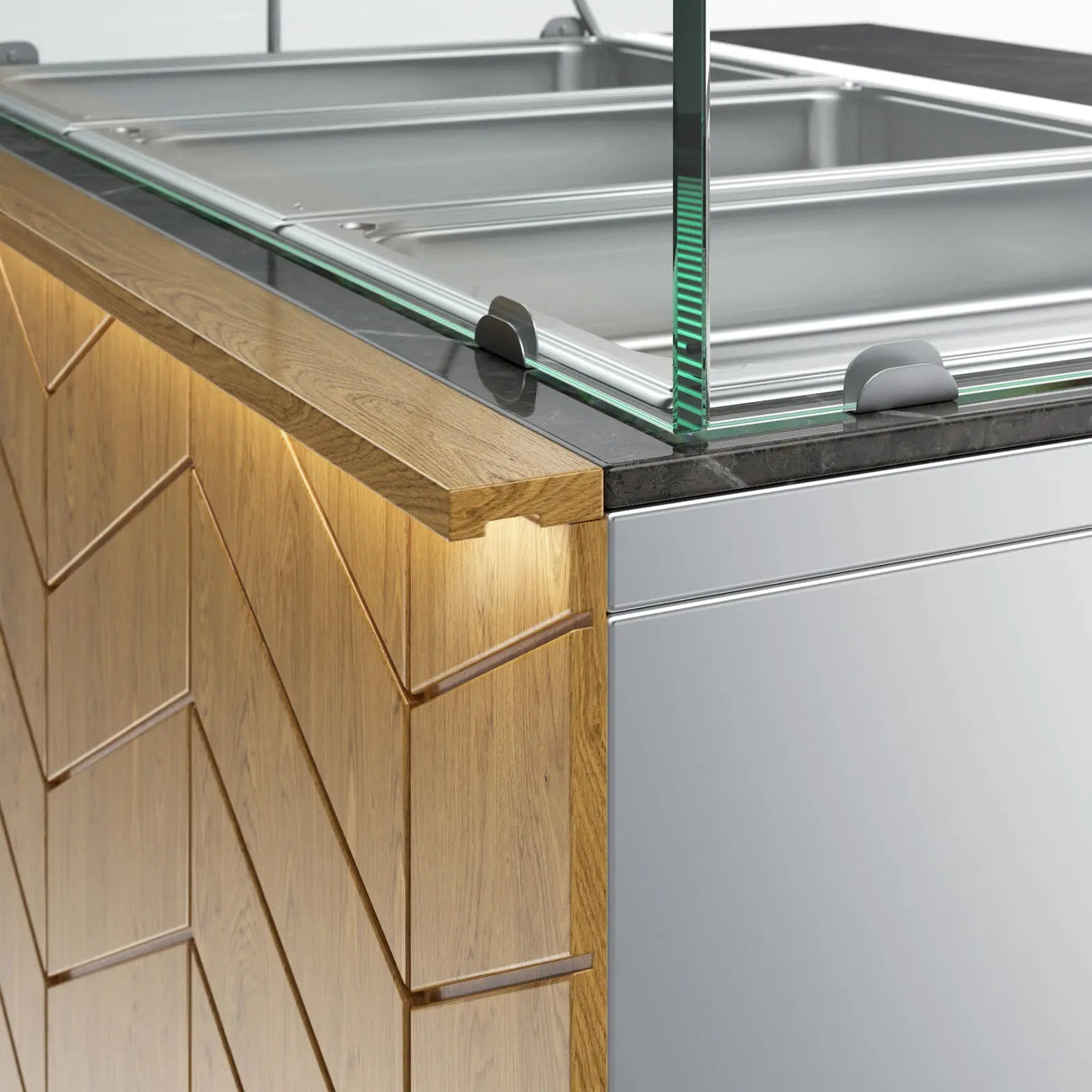 Gastronics Bain Marie / Warmtheke Premium – Integrierte Kühltheke mit schwarzem Compact im Marmor-Design, Fischgrätenverkleidung, LED-Beleuchtung, 2 Türen und 5 Schubladen 107 x 80 x 145 cm Gastronics - CPGASTRO