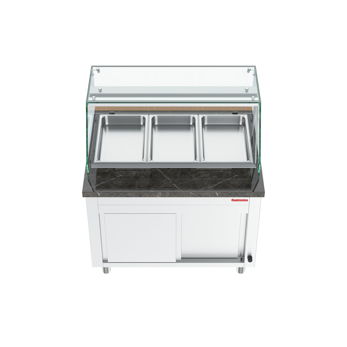Gastronics Bain Marie / Warmtheke Premium – Integrierte Kühltheke mit schwarzem Compact im Marmor-Design, Fischgrätenverkleidung, LED-Beleuchtung, 2 Türen und 5 Schubladen 107 x 80 x 145 cm Gastronics - CPGASTRO