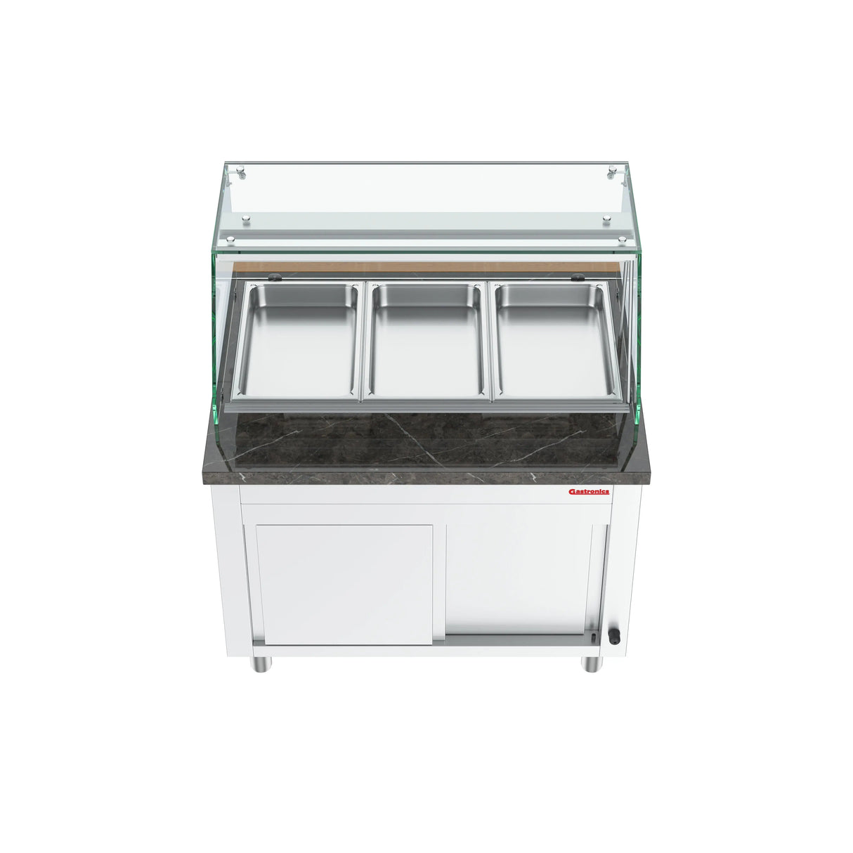 Gastronics Bain Marie / Warmtheke Premium – Integrierte Kühltheke mit schwarzem Compact im Marmor-Design, Fischgrätenverkleidung, LED-Beleuchtung, 2 Türen und 5 Schubladen 107 x 80 x 145 cm Gastronics - CPGASTRO
