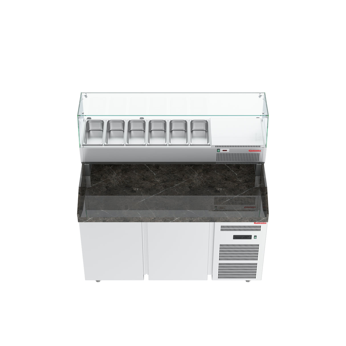 Gastronics Premium Kühltheken-Set – Pizzakühltisch, Salattheke & Kassentisch mit schwarzem Compact im Marmor-Design & LED-Fischgrätenverkleidung 355 x 80 x 145cm Gastronics - CPGASTRO