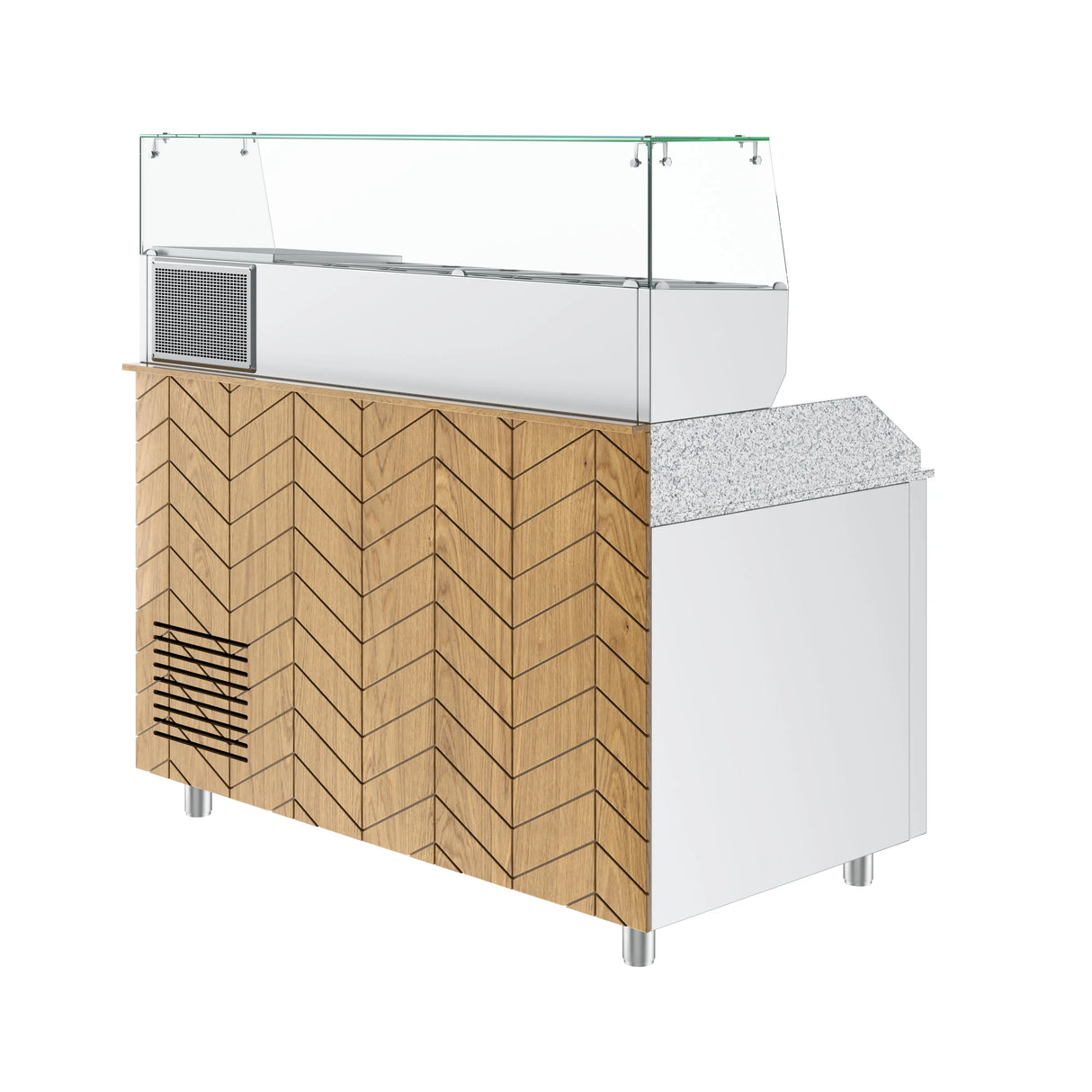 Gastronics Pizzakühltisch Premium – Hochwertige Kühltheke mit grauem Granit, Fischgrätenverkleidung, LED-Beleuchtung und 2 Türen 154 x 80 x 145 cm Gastronics - CPGASTRO