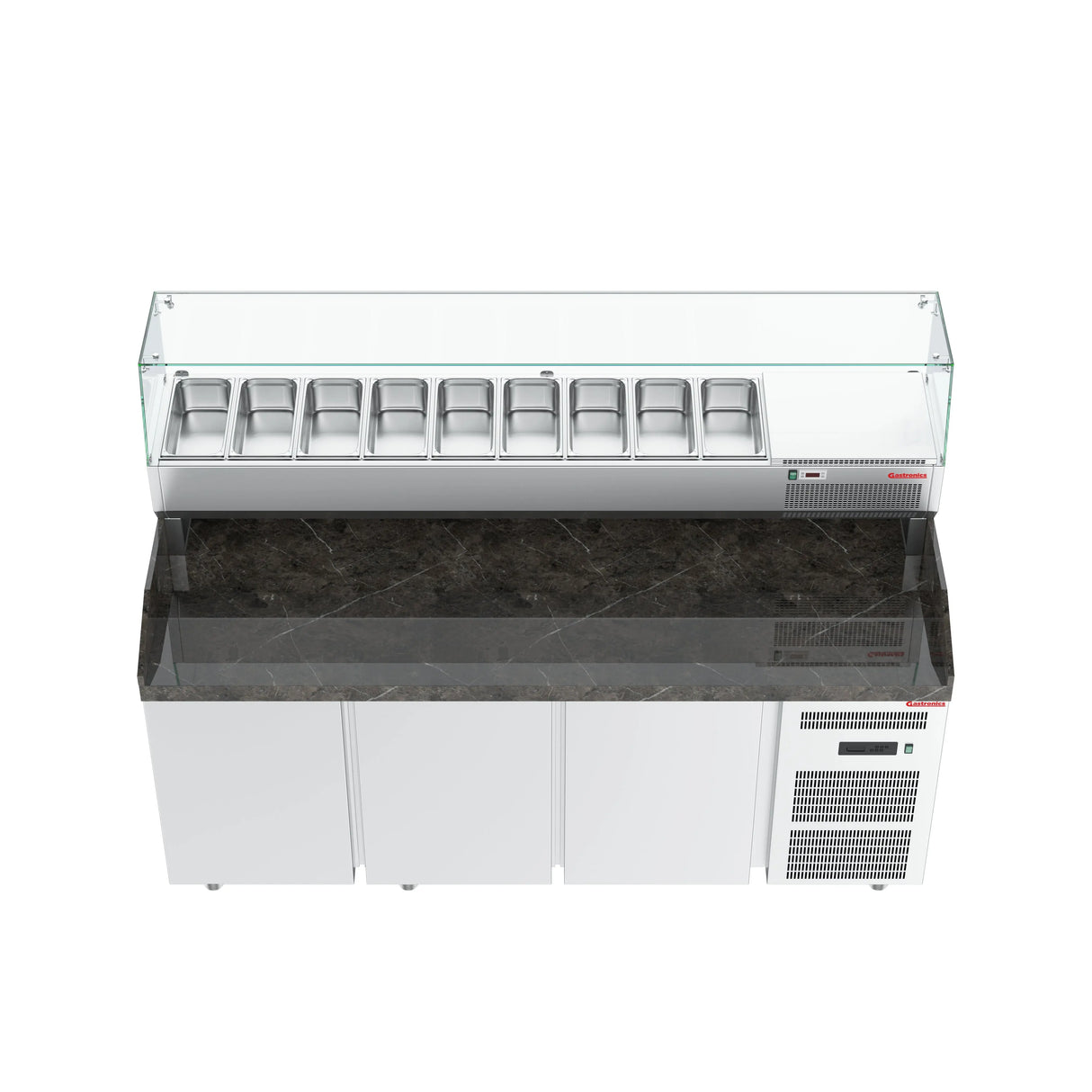 Gastronics Premium Kühltheken-Set – Pizzakühltisch, Salattheke & Kassentisch mit schwarzem Compact im Marmor-Design & LED-Fischgrätenverkleidung 461 x 80 x 145 cm Gastronics - CPGASTRO