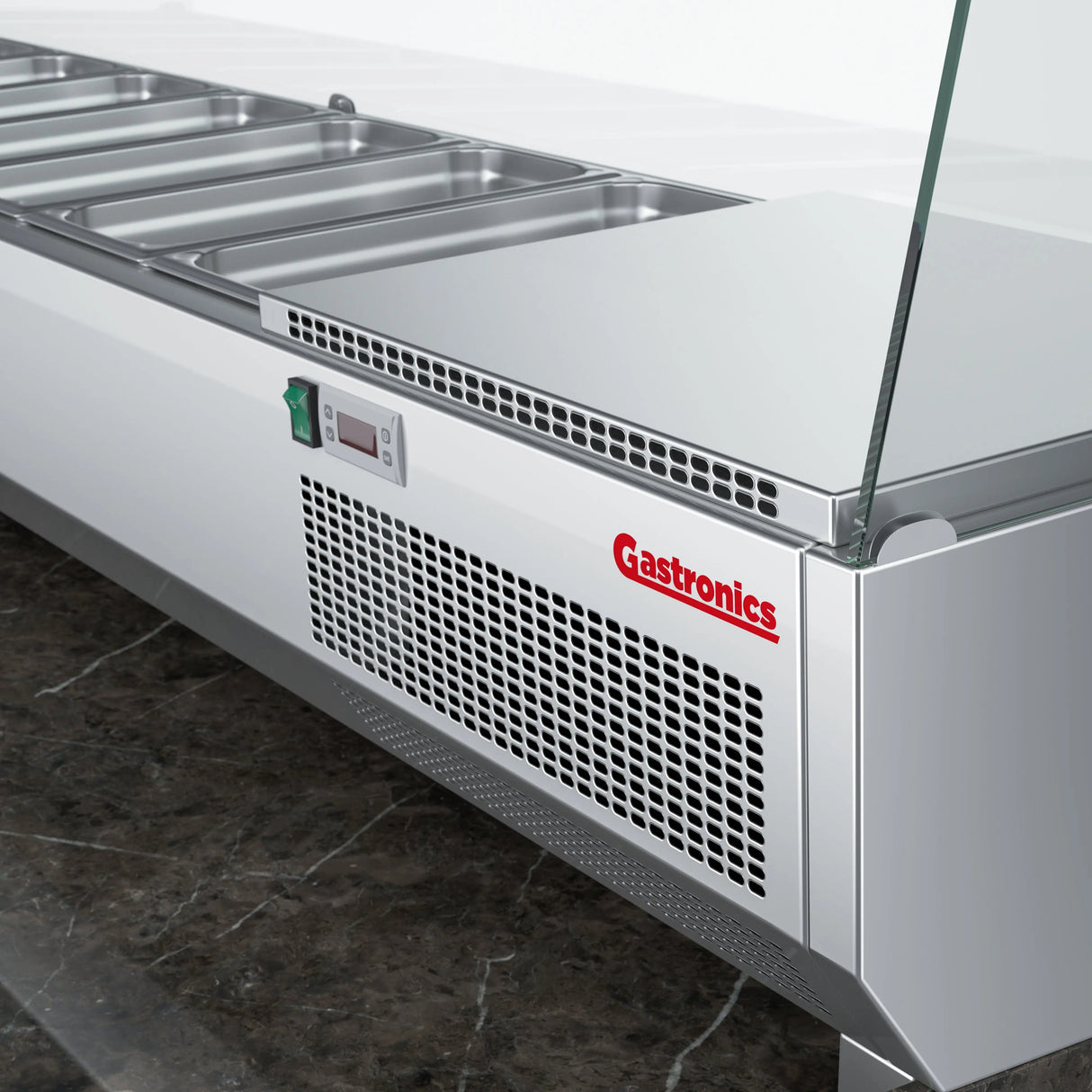 Gastronics Pizzakühltisch Premium – Hochwertige Kühltheke mit schwarzem Compact im Marmor-Design, Fischgrätenverkleidung, LED-Beleuchtung mit 207 x 80 x 145 cm Gastronics - CPGASTRO