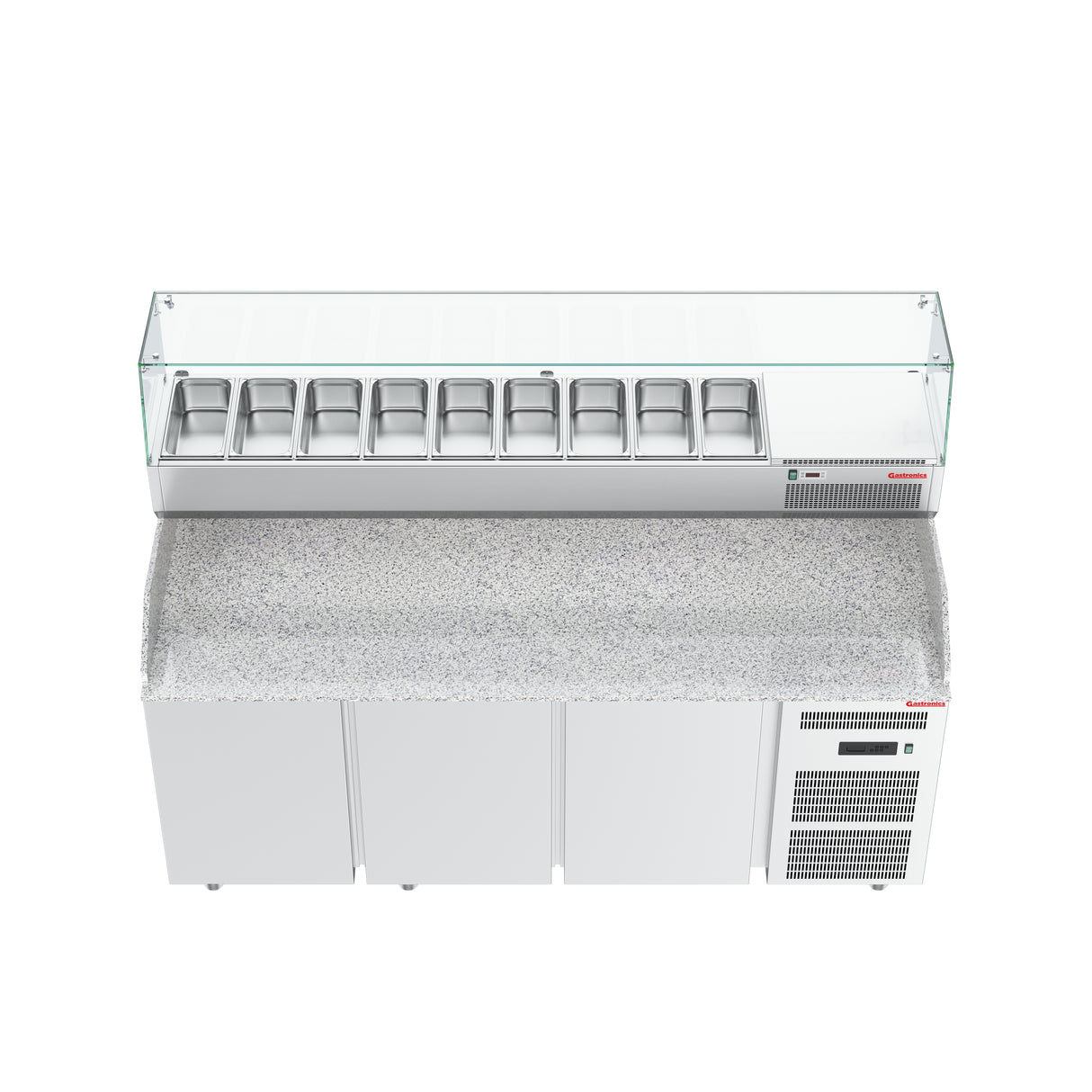 Gastronics Premium Kühltheken-Set – Pizzakühltisch, Salattheke & Kassentisch mit Granit & LED-Fischgrätenverkleidung 461 x 80 x 145 cm Gastronics - CPGASTRO