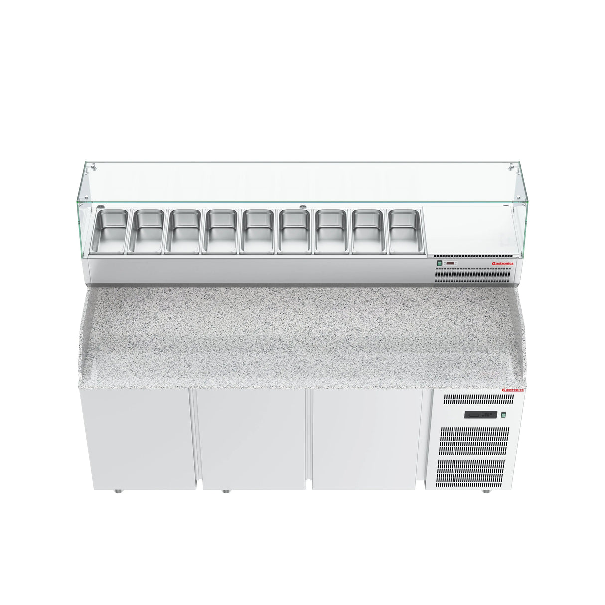 Gastronics Premium Kühltheken-Set – Pizzakühltisch, Salattheke & Kassentisch mit Granit & LED-Fischgrätenverkleidung 461 x 80 x 145 cm Gastronics - CPGASTRO