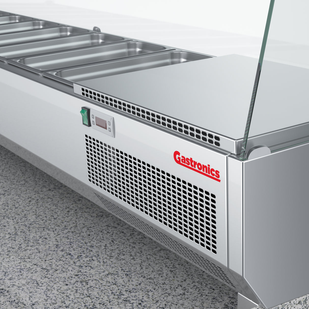 Gastronics Pizzakühltisch Premium – Hochwertige Kühltheke mit grauem Granit, Fischgrätenverkleidung, LED-Beleuchtung 207 x 80 x 145 cm Gastronics - CPGASTRO