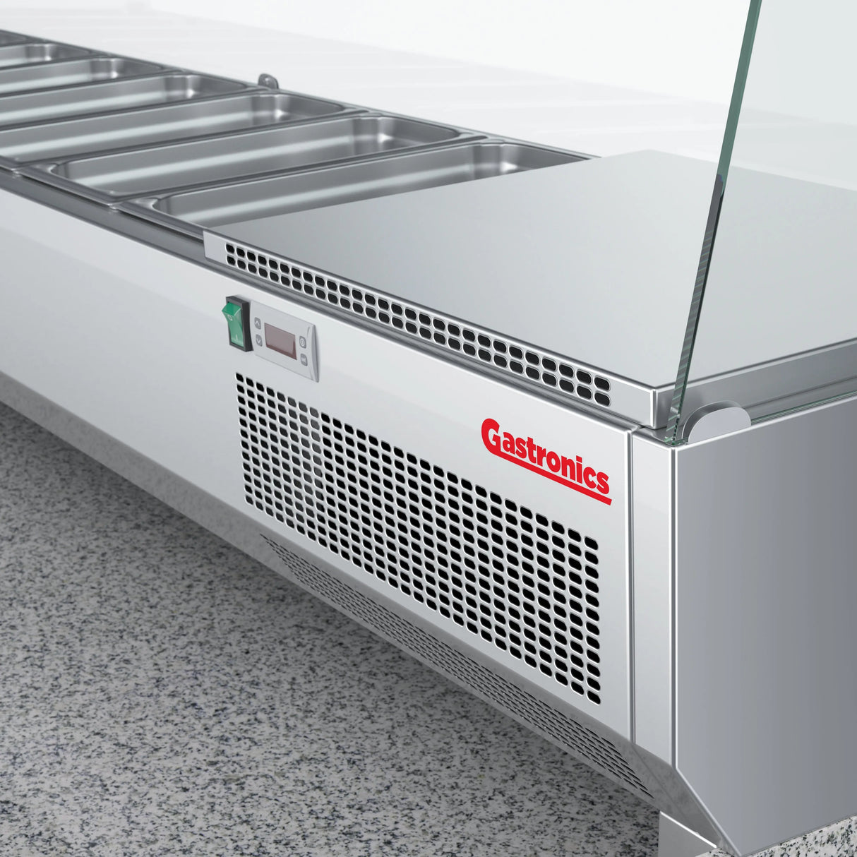 Gastronics Pizzakühltisch Premium – Hochwertige Kühltheke mit grauem Granit, Fischgrätenverkleidung, LED-Beleuchtung 207 x 80 x 145 cm Gastronics - CPGASTRO