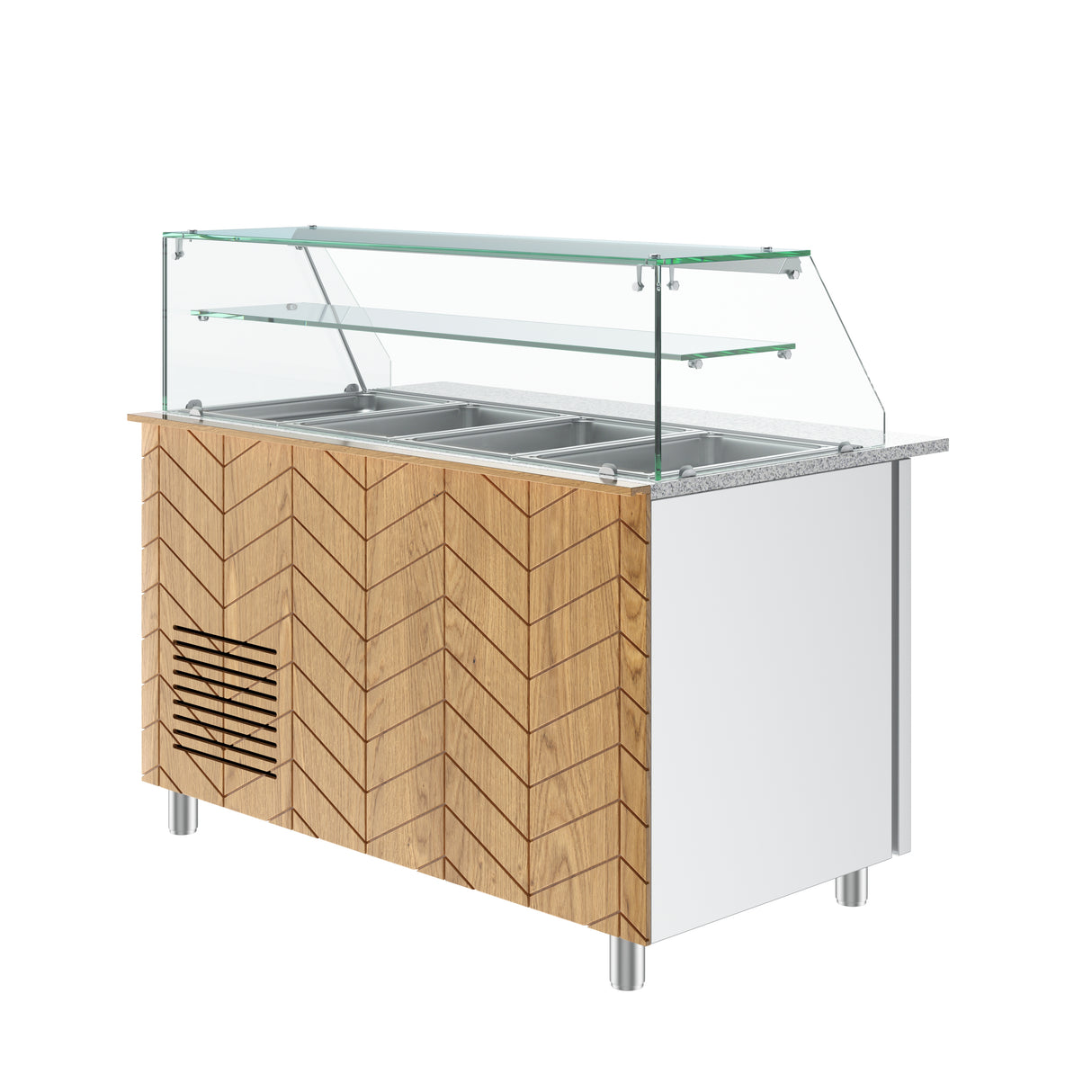 Gastronics Salattheke Premium – Hochwertige Kühltheke mit grauem Granit, Fischgrätenverkleidung, LED-Beleuchtung, 4x GN 1/1 und 2 Türen 141 x 70 x 125 cm Gastronics - CPGASTRO