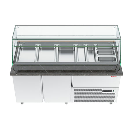 Gastronics Premium Kühltheken-Set – Pizzakühltisch, Salattheke & Kassentisch mit schwarzem Compact im Marmor-Design & LED-Fischgrätenverkleidung 461 x 80 x 145 cm Gastronics - CPGASTRO