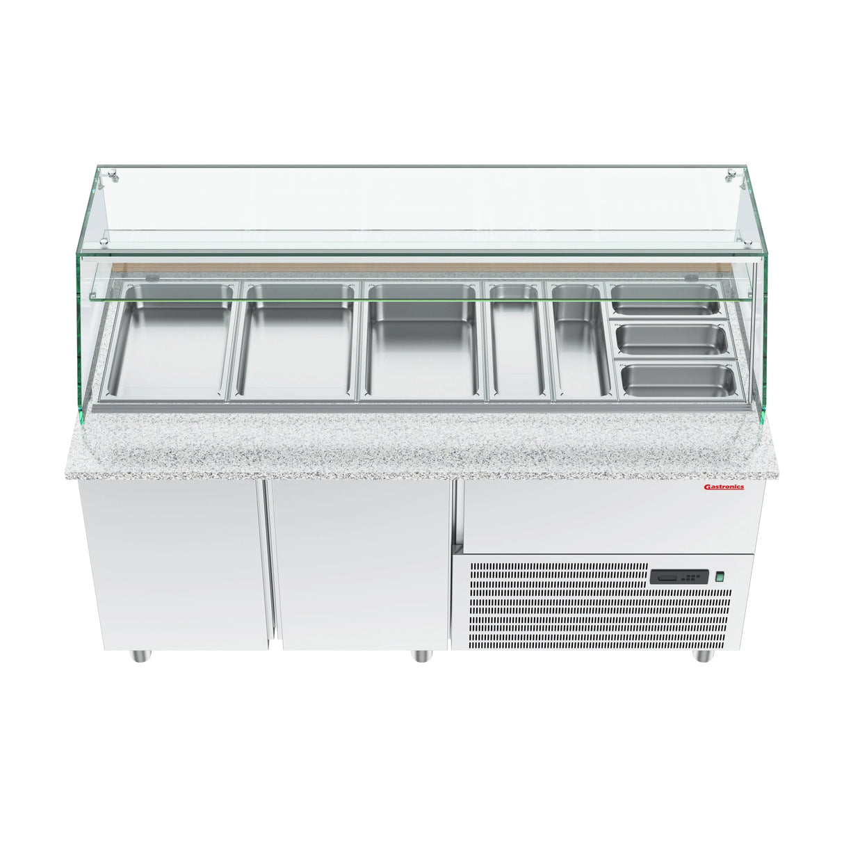 Gastronics Premium Kühltheken-Set – Pizzakühltisch, Salattheke & Kassentisch mit Granit & LED-Fischgrätenverkleidung 461 x 80 x 145 cm Gastronics - CPGASTRO