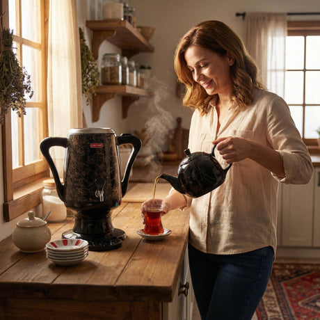 Samowar 3,5 L Semaver Edelstahl Teekocher Teemaschine schwarze Keramikkanne Elektrisch im modernen Design Caytime - CPGASTRO