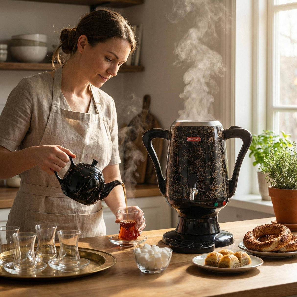 Samowar 3,5 L Semaver Edelstahl Teekocher Teemaschine schwarze Keramikkanne Elektrisch im modernen Design Caytime - CPGASTRO