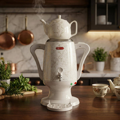 Samowar 3,5 L Semaver Edelstahl Teekocher Teemaschine weiße Keramikkanne Elektrisch im modernen Design Caytime - CPGASTRO