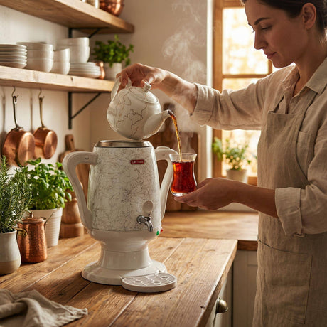 Samowar 3,5 L Semaver Edelstahl Teekocher Teemaschine weiße Keramikkanne Elektrisch im modernen Design Caytime - CPGASTRO