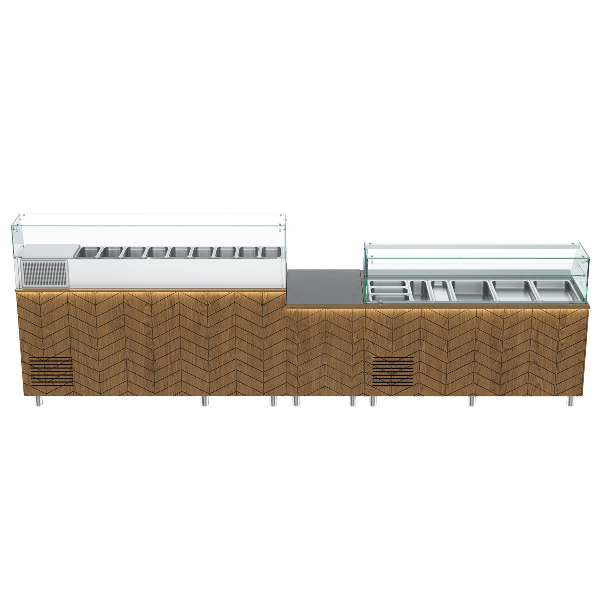 Gastronics Premium Kühltheken-Set – Pizzakühltisch, Salattheke & Kassentisch mit schwarzem Compact im Marmor-Design & LED-Fischgrätenverkleidung 461 x 80 x 145 cm Gastronics - CPGASTRO