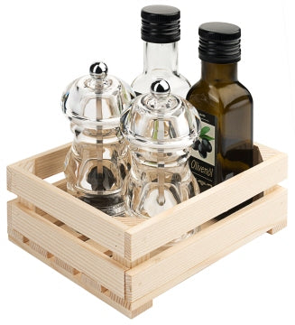 Menage: Holzkiste mit Salz-/ Pfeffermühle und Contacto - CPGASTRO
