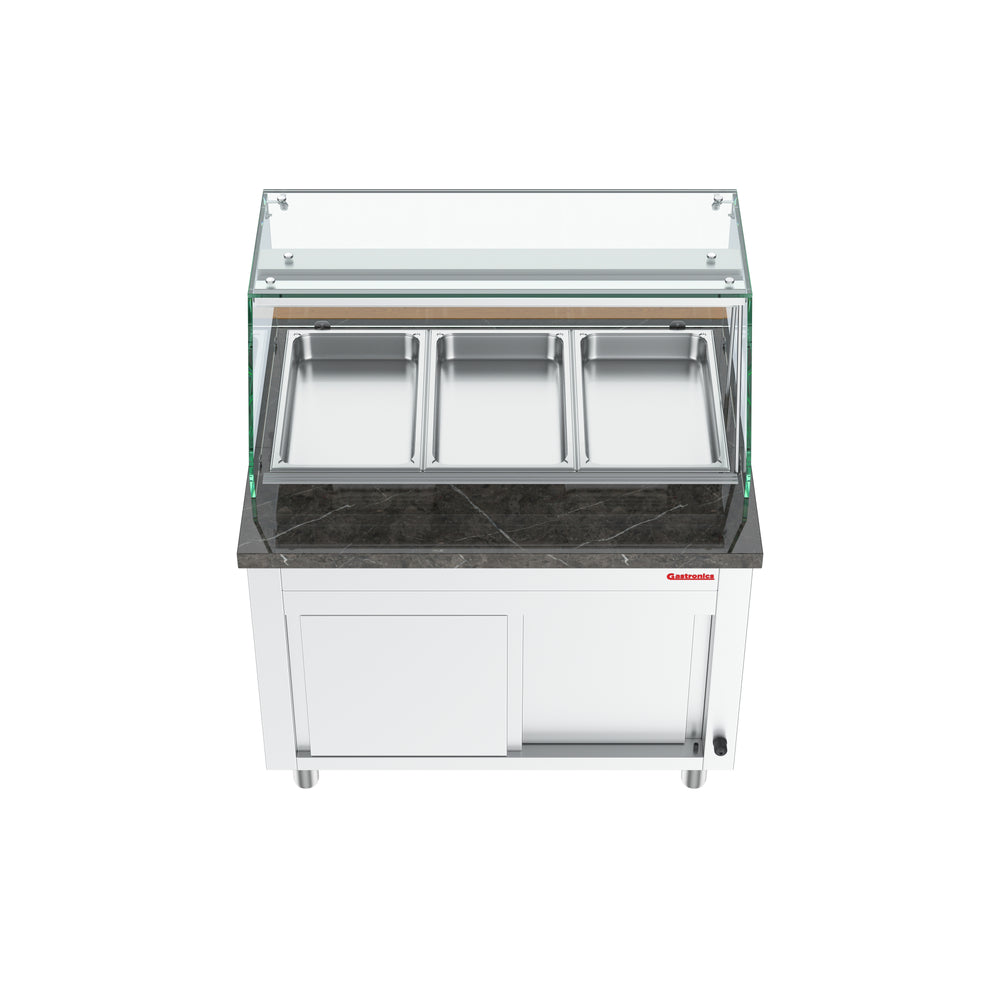 Gastronics Bain Marie / Warmtheke Premium – Integrierte Kühltheke mit schwarzem Compact im Marmor-Design, Fischgrätenverkleidung, LED-Beleuchtung, 2 Türen und 5 Schubladen 107 x 80 x 145 cm Gastronics - CPGASTRO