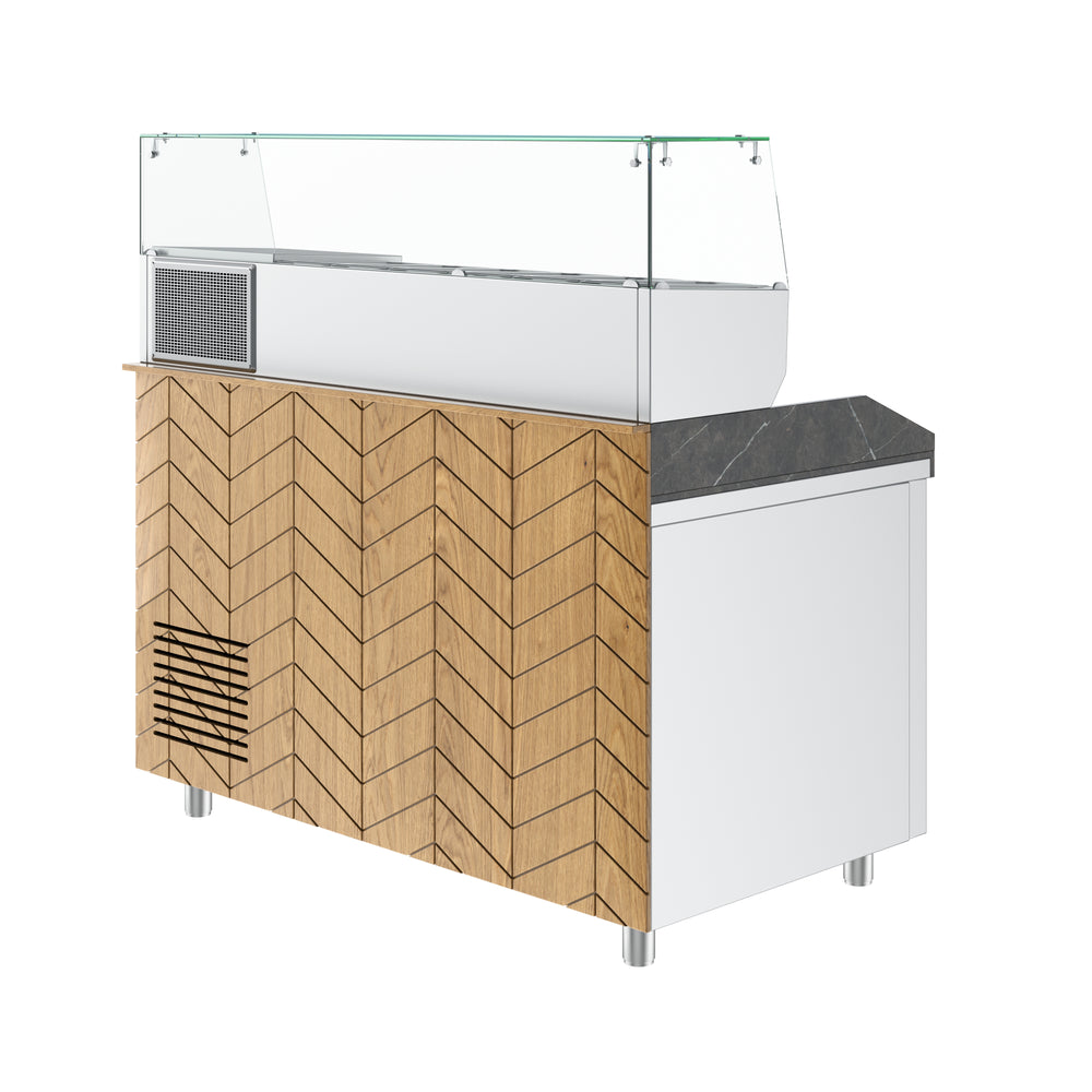 Gastronics Pizzakühltisch Premium – Hochwertige Kühltheke mit schwarzem Compact im Marmor-Design, Fischgrätenverkleidung, LED-Beleuchtung und 2 Türen 154 x 80 x 145 cm Gastronics - CPGASTRO