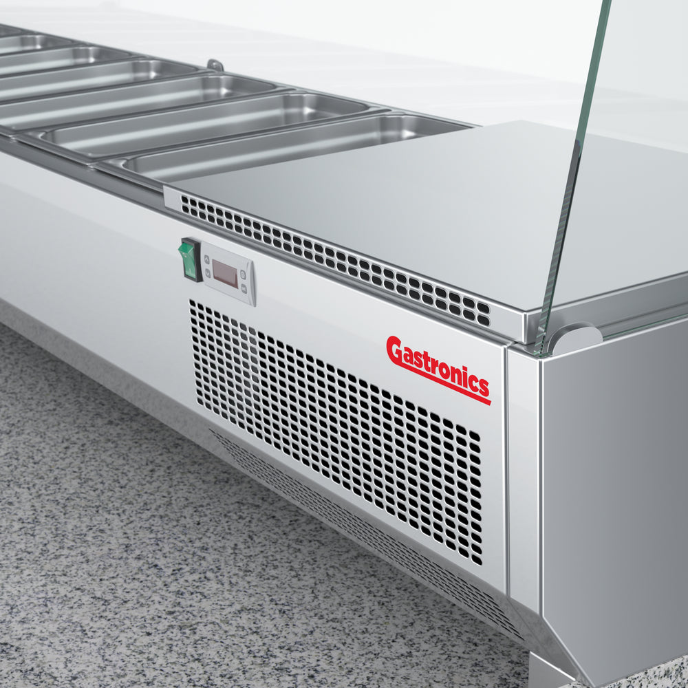 Gastronics Pizzakühltisch Premium – Hochwertige Kühltheke mit grauem Granit, Fischgrätenverkleidung, LED-Beleuchtung und 2 Türen 154 x 80 x 145 cm Gastronics - CPGASTRO