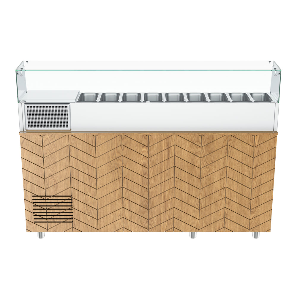 Gastronics Premium Kühltheken-Set – Pizzakühltisch, Salattheke & Kassentisch mit schwarzem Compact im Marmor-Design & LED-Fischgrätenverkleidung 461 x 80 x 145 cm Gastronics - CPGASTRO