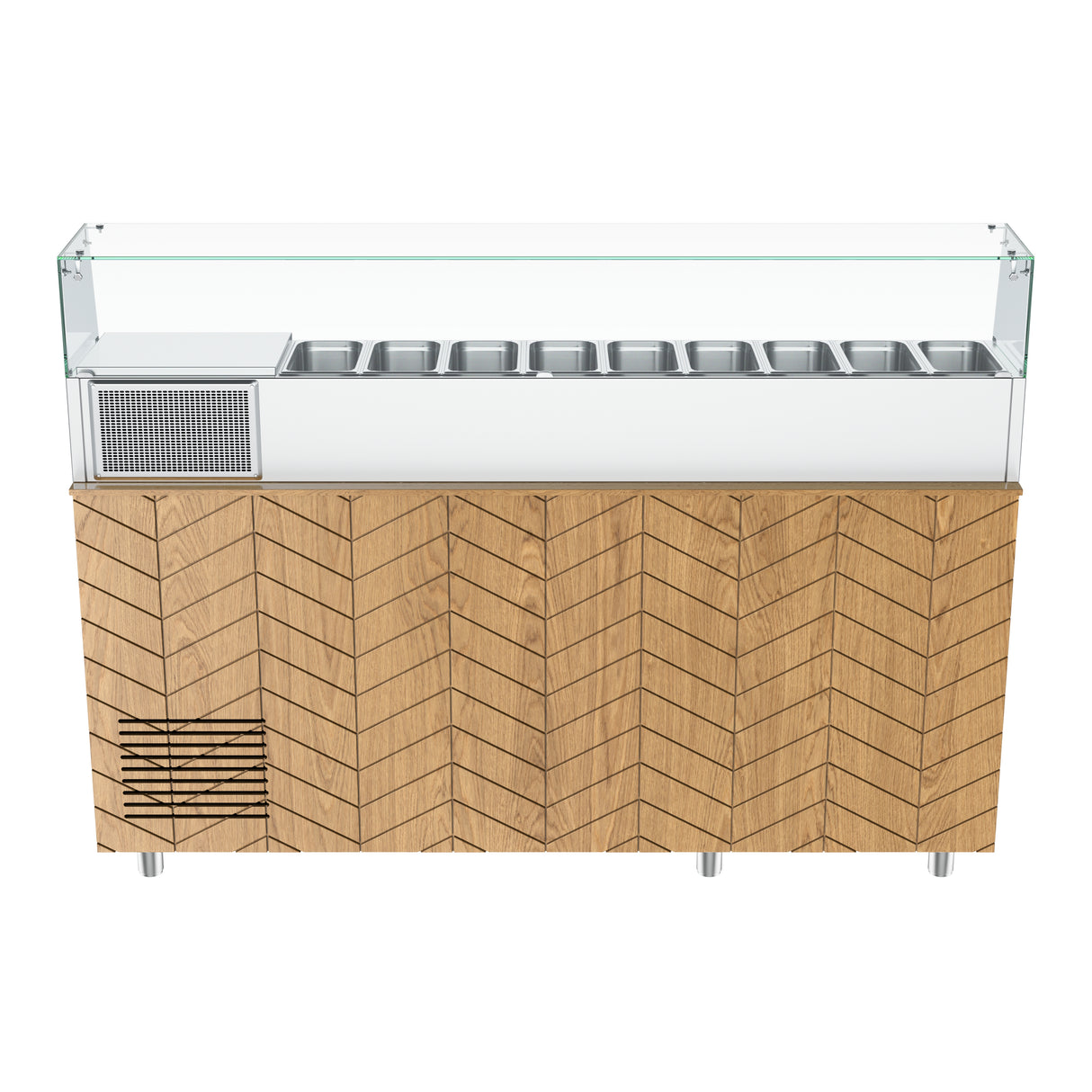 Gastronics Pizzakühltisch Premium – Hochwertige Kühltheke mit schwarzem Compact im Marmor-Design, Fischgrätenverkleidung, LED-Beleuchtung mit 207 x 80 x 145 cm