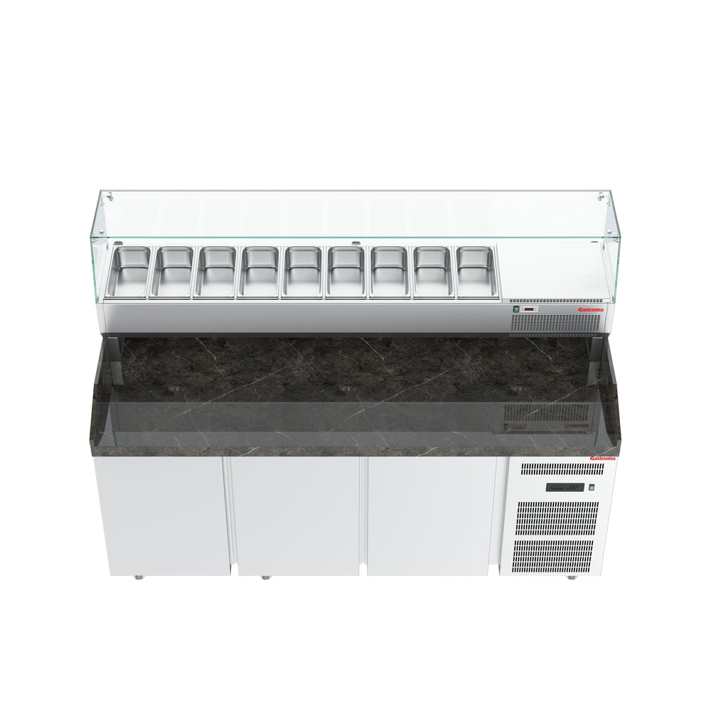 Gastronics Premium Kühltheken-Set – Pizzakühltisch, Salattheke & Kassentisch mit schwarzem Compact im Marmor-Design & LED-Fischgrätenverkleidung 461 x 80 x 145 cm Gastronics - CPGASTRO