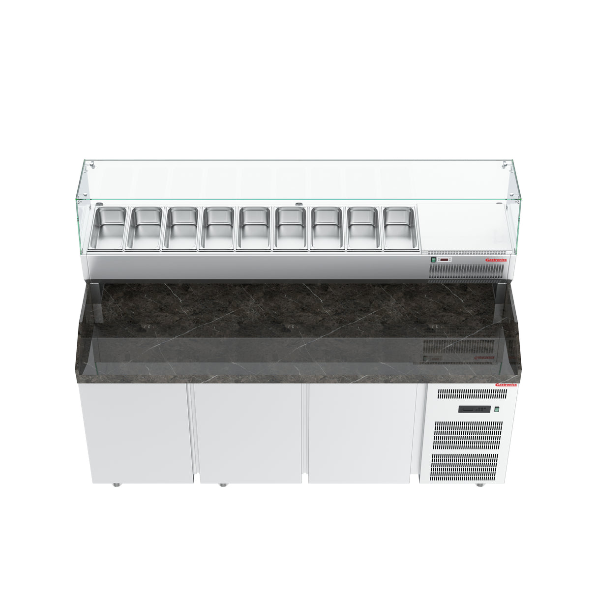 Gastronics Pizzakühltisch Premium – Hochwertige Kühltheke mit schwarzem Compact im Marmor-Design, Fischgrätenverkleidung, LED-Beleuchtung mit 207 x 80 x 145 cm
