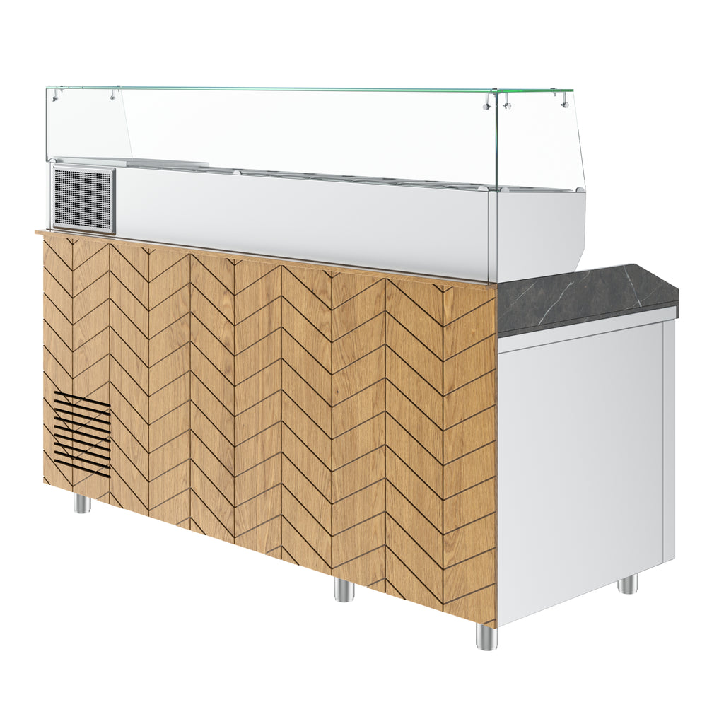 Gastronics Pizzakühltisch Premium – Hochwertige Kühltheke mit schwarzem Compact im Marmor-Design, Fischgrätenverkleidung, LED-Beleuchtung mit 207 x 80 x 145 cm Gastronics - CPGASTRO