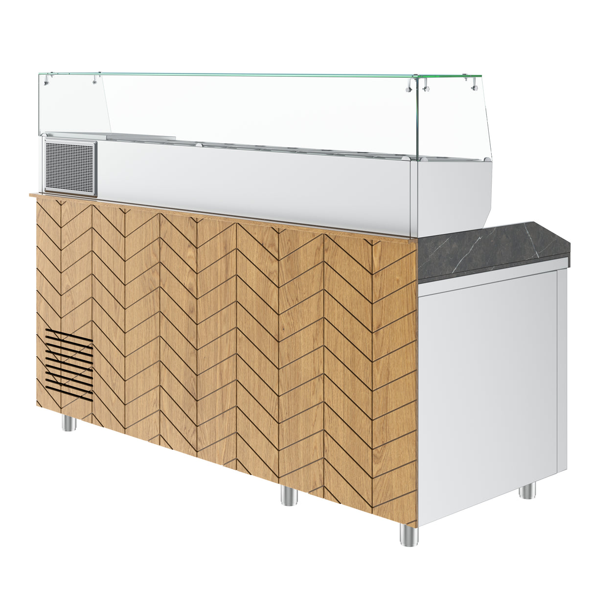 Gastronics Pizzakühltisch Premium – Hochwertige Kühltheke mit schwarzem Compact im Marmor-Design, Fischgrätenverkleidung, LED-Beleuchtung mit 207 x 80 x 145 cm