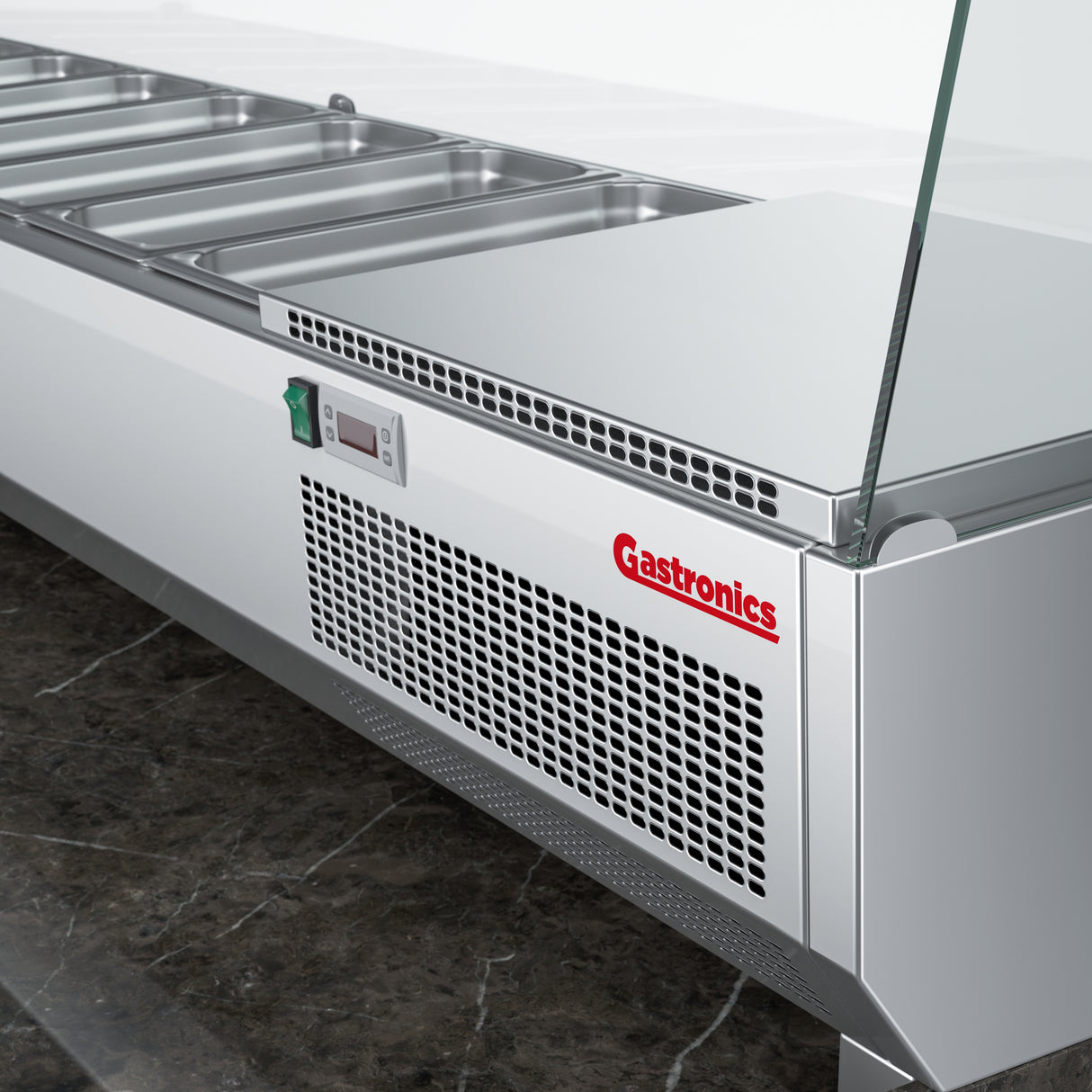 Gastronics Pizzakühltisch Premium – Hochwertige Kühltheke mit schwarzem Compact im Marmor-Design, Fischgrätenverkleidung, LED-Beleuchtung mit 207 x 80 x 145 cm