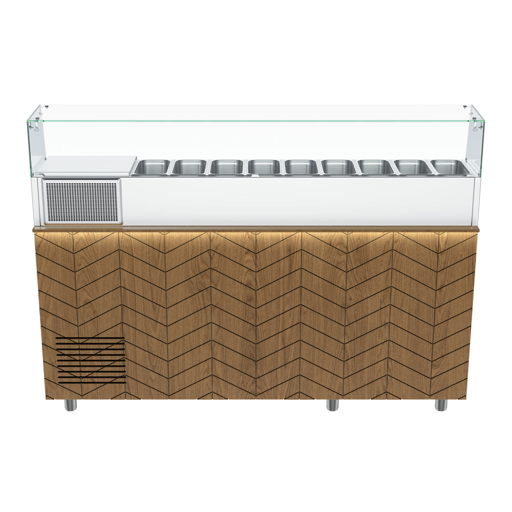 Gastronics Pizzakühltisch Premium – Hochwertige Kühltheke mit schwarzem Compact im Marmor-Design, Fischgrätenverkleidung, LED-Beleuchtung mit 207 x 80 x 145 cm Gastronics - CPGASTRO