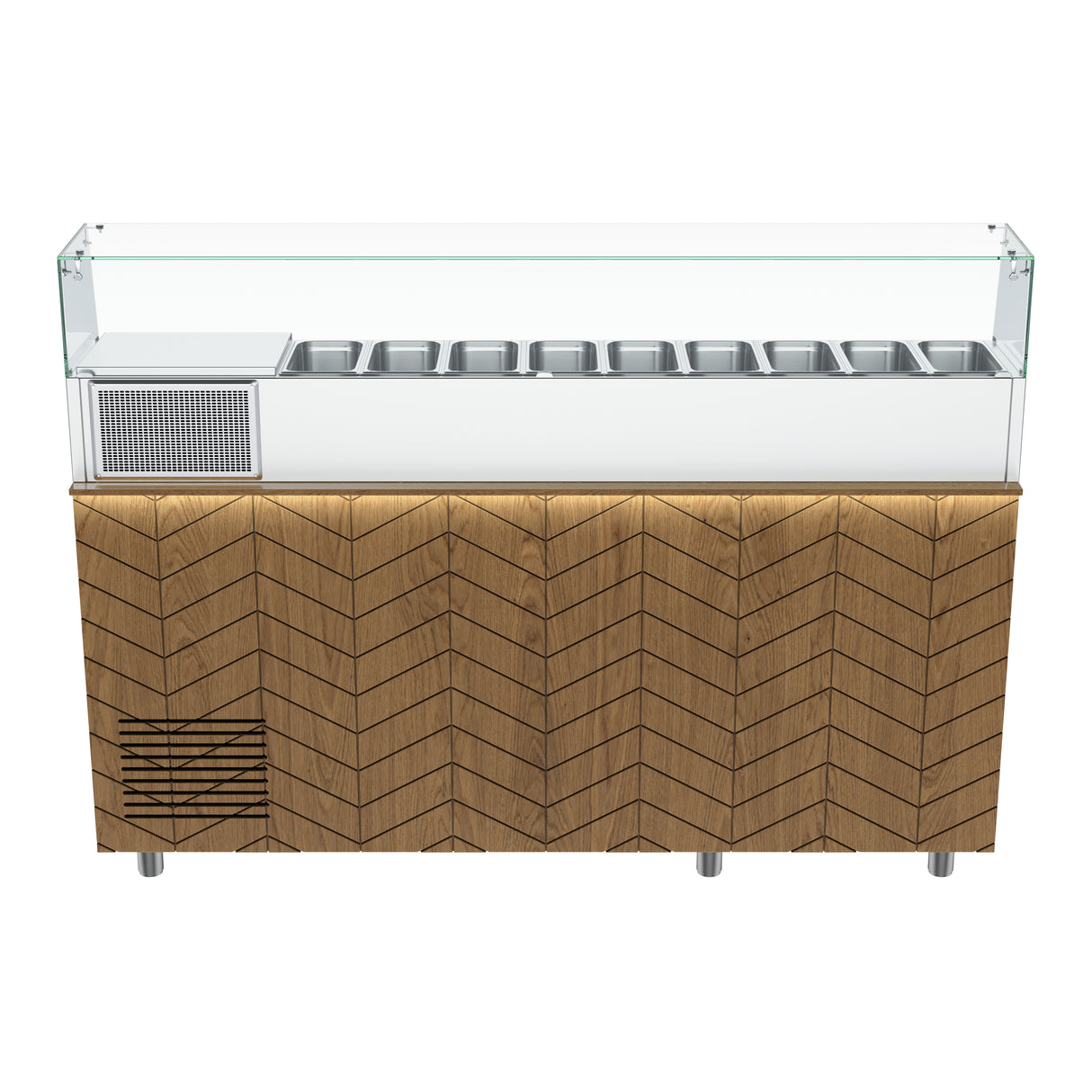 Gastronics Pizzakühltisch Premium – Hochwertige Kühltheke mit schwarzem Compact im Marmor-Design, Fischgrätenverkleidung, LED-Beleuchtung mit 207 x 80 x 145 cm