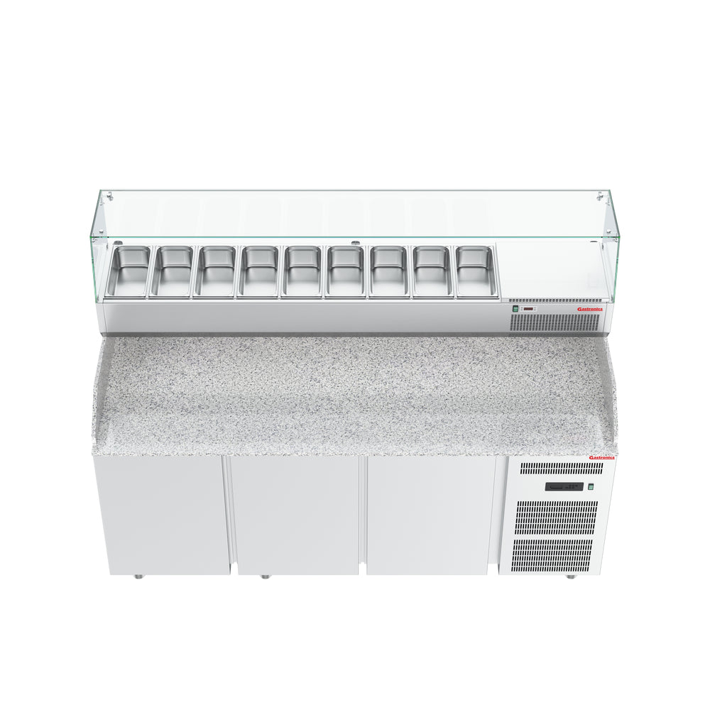 Gastronics Premium Kühltheken-Set – Pizzakühltisch, Salattheke & Kassentisch mit Granit & LED-Fischgrätenverkleidung 461 x 80 x 145 cm Gastronics - CPGASTRO