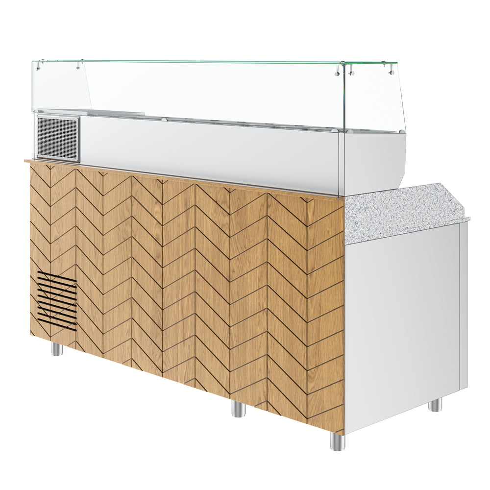 Gastronics Pizzakühltisch Premium – Hochwertige Kühltheke mit grauem Granit, Fischgrätenverkleidung, LED-Beleuchtung 207 x 80 x 145 cm Gastronics - CPGASTRO