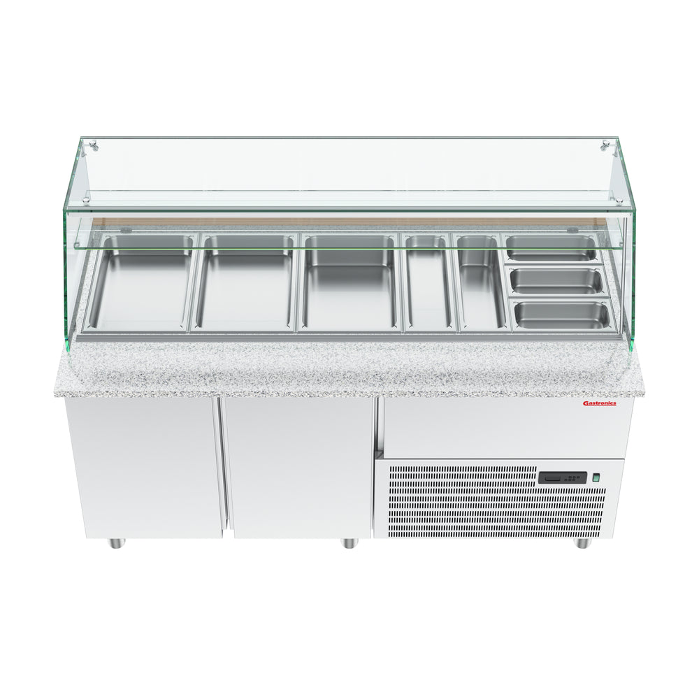Gastronics Premium Kühltheken-Set – Pizzakühltisch, Salattheke & Kassentisch mit Granit & LED-Fischgrätenverkleidung 461 x 80 x 145 cm Gastronics - CPGASTRO
